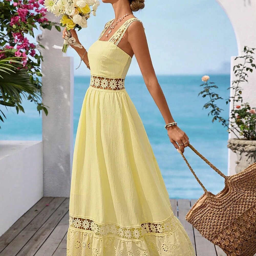 Yellow Boho Women's A-Line Halter-Neck Dress